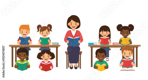 A diverse group of children and their teacher reading together in a multicultural classroom setting on Read Across America Day with a focus on diversity and inclusion in education