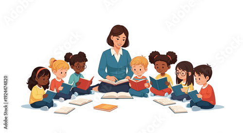 A diverse group of children sit around a teacher reading books on Read Across America Day in a multicultural classroom setting with a focus on Reading Diversity & Inclusion