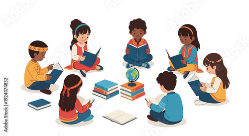 Diverse children sit in a circle reading books and using tablets on a multicultural classroom concept with educational materials and a globe