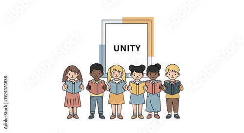 Diverse children and kids standing together in unity for Read Across America Day with a colorful illustration of multicultural classroom reading concept