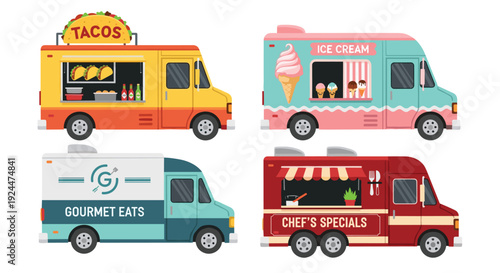 Collection of four diverse food trucks offering tacos, ice cream, gourmet meals, and chef's specials