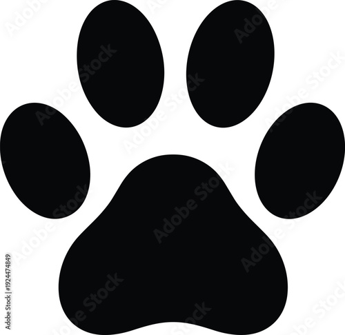 Dog paw print icon silhouette, simple animal footprint symbol, pet logo design element, black and white vector illustration