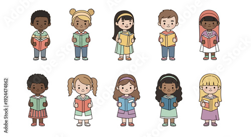 Illustration of diverse children standing in two rows, promoting Reading Diversity & Inclusion on Read Across America Day with colorful outfits and accessories, conveying a joyful