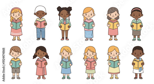 Diverse children stand together in an illustration celebrating Read Across America Day with a multicultural classroom reading concept