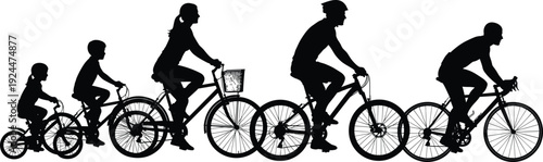 Family cycling silhouettes from child to adult, healthy lifestyle evolution concept, outdoor biking activity, black and white vector illustration