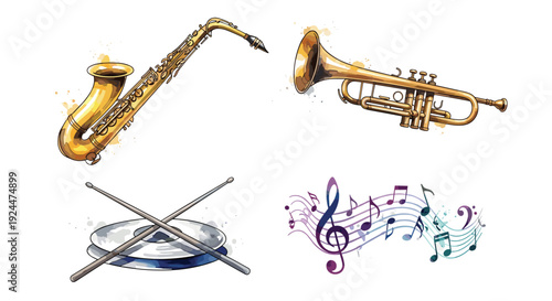 Watercolor illustration of musical instruments and notes, perfect for jazz and blues themes