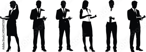 Group of business people silhouettes using tablet devices, corporate teamwork communication concept, professional office workers, black and white vector illustration
