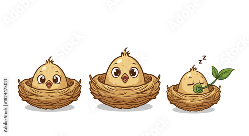Three cute cartoon chicks in nests, one sleeping with a sprout