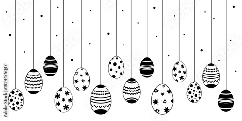 Minimalist Hanging Easter Eggs Vector Illustration. Hanging Black and White Easter Eggs with Decorative Patterns.
