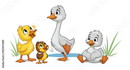 Cute cartoon geese and ducklings gathered together in a charming illustration