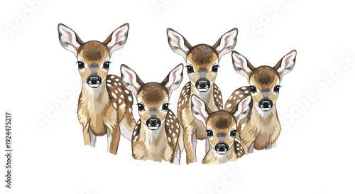 Adorable group of five spotted fawns with big eyes looking forward on a white background