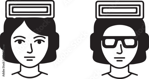 Two women wearing futuristic headgear with one wearing sunglasses and the other not isolated on white background, illustration