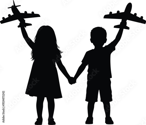 Silhouette of kids holding airplane toys, childhood travel dream concept, freedom and aviation inspiration isolated on white background vector illustration
