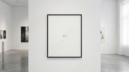 Empty 4:5 black framed picture on a white wall in a bright modern art gallery with other artwork visible