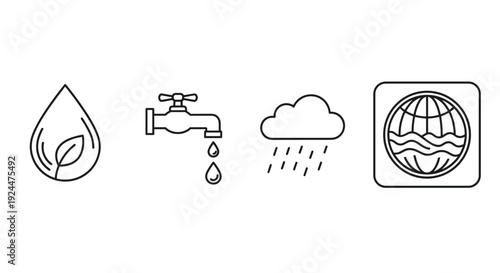 Set of four icons representing water conservation, saving, and global water resources