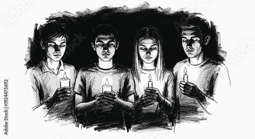 Four young people holding candles in the dark, with eyes closed in solemn reflection