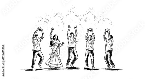 People celebrating and throwing powder in the air, sketch style, joyful gathering