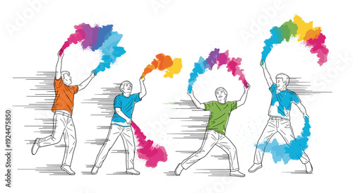 Four men in colorful shirts holding smoke bombs, celebrating with vibrant colors