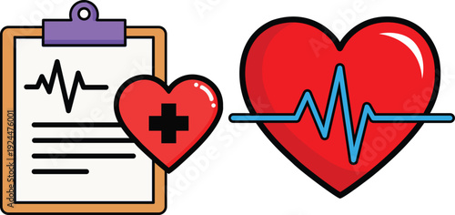Medical heart health illustration with clipboard and ecg