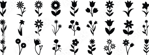 Collection of flower silhouettes in various shapes isolated on light background, floral vector set for botanical design, decoration, branding and craft projects