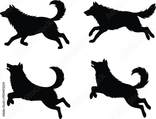 Set of running wolf silhouettes in dynamic poses isolated on light background, wild canine vector collection for logo, tattoo, branding and design