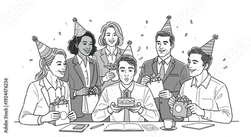 Office colleagues celebrate a birthday with cake, gifts, and party hats in a festive atmosphere