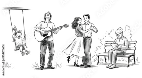 Diverse group enjoying a park with music, dancing, and creative pursuits