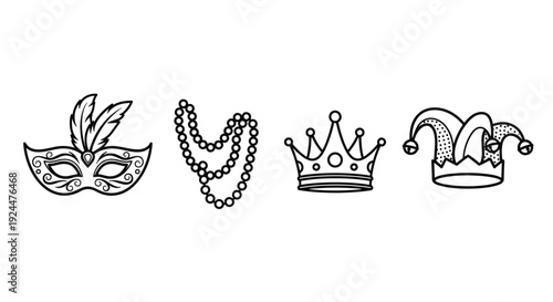Mardi Gras icons: masquerade mask, beaded necklaces, crown, and jester hat