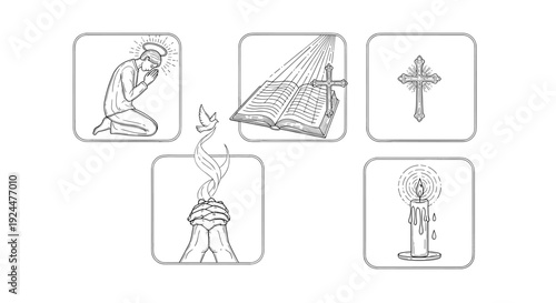 Collection of religious symbols and icons in a hand-drawn sketch style