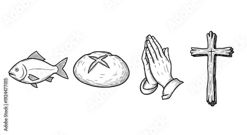 Christian symbols of fish, bread, praying hands, and cross in a simple line drawing style