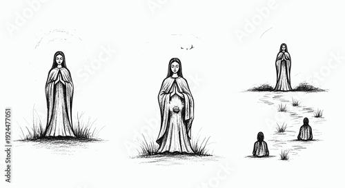 Woman in flowing robe with hands clasped in prayer, surrounded by nature and followers