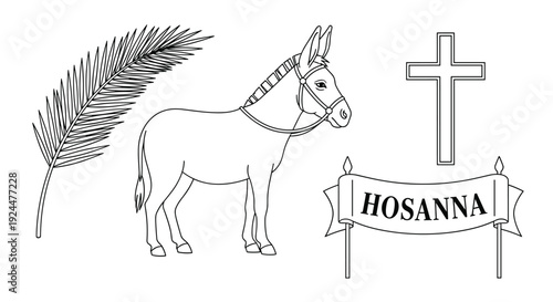 Palm Sunday donkey, cross, and hosanna banner illustration for religious events
