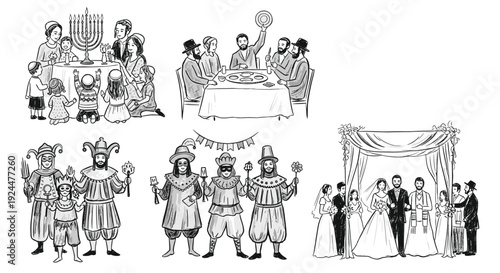 Collection of Jewish cultural and holiday celebrations depicted in a charming sketch style