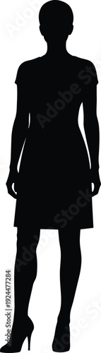 Full body silhouette of a young woman standing in a modest dress and high heels, isolated on white background, female figure, vector art, fashion