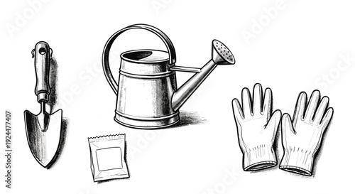 Gardening tools and supplies illustration: trowel, watering can, seed packet, and gloves