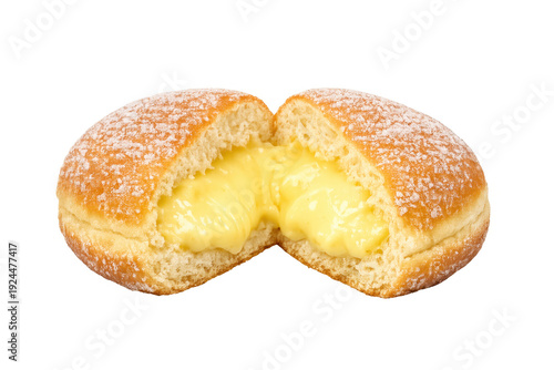 Berliner donut exploding with creamy custard filling