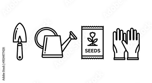 Gardening tools and supplies icons: trowel, watering can, seeds, and gloves