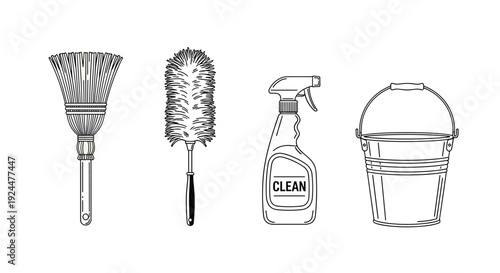 Set of cleaning tools including a broom, duster, spray bottle, and bucket in a line drawing style