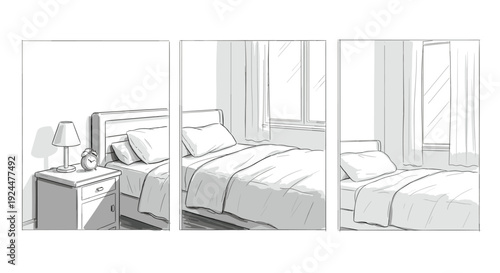 Simple bedroom scenes with a bed, nightstand, lamp, alarm clock, and window views