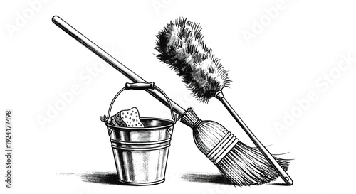 Vintage cleaning tools including a bucket with a sponge, broom, and duster