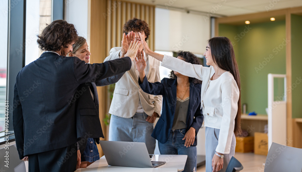 Fototapeta premium Diverse business team high five, Corporate teamwork success, happy multi ethnic collaboration, office partnership, global community, unity, winning goal and employee achievement concept