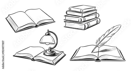 Collection of hand-drawn illustrations featuring books, a desk lamp, and a quill pen