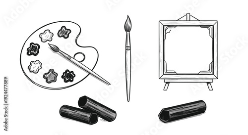 Artistic tools including a palette, brush, easel, and charcoal sticks for creative expression