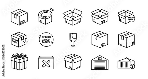 Box Line Icon Set Delivery Package Export Cargo Return Parcel and Gift Box Outline Vector Collection on White Background