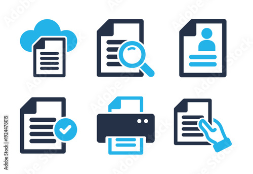 Document Processing and Printing icon set. Solid glyph series icons