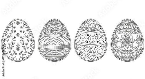 Four intricately decorated Easter eggs in a row, black and white line art