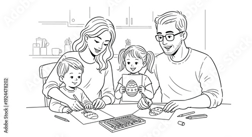 Happy family coloring Easter eggs together at the kitchen table, creating holiday memories