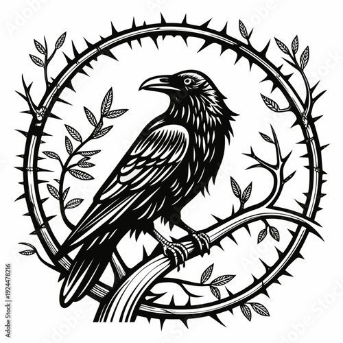Intricate black and white linocut style raven perched on thorny branch within circular bramble frame