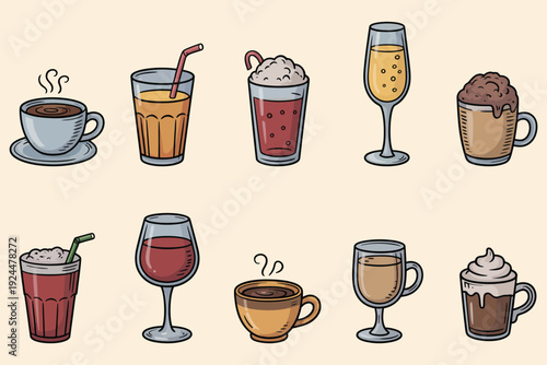 Assorted Hand Drawn Beverage Illustrations coffee juice