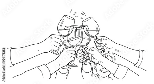 Friends celebrating with wine glasses clinking together in a toast, line art illustration